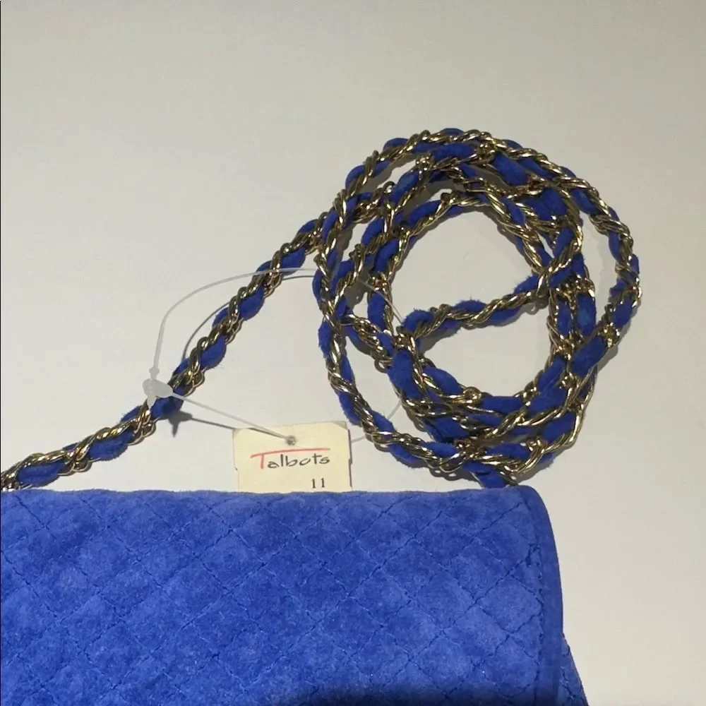Talbots‎ Blue Suede Quilted Crossbody Bag Gold Chain Strap Tassel Purse